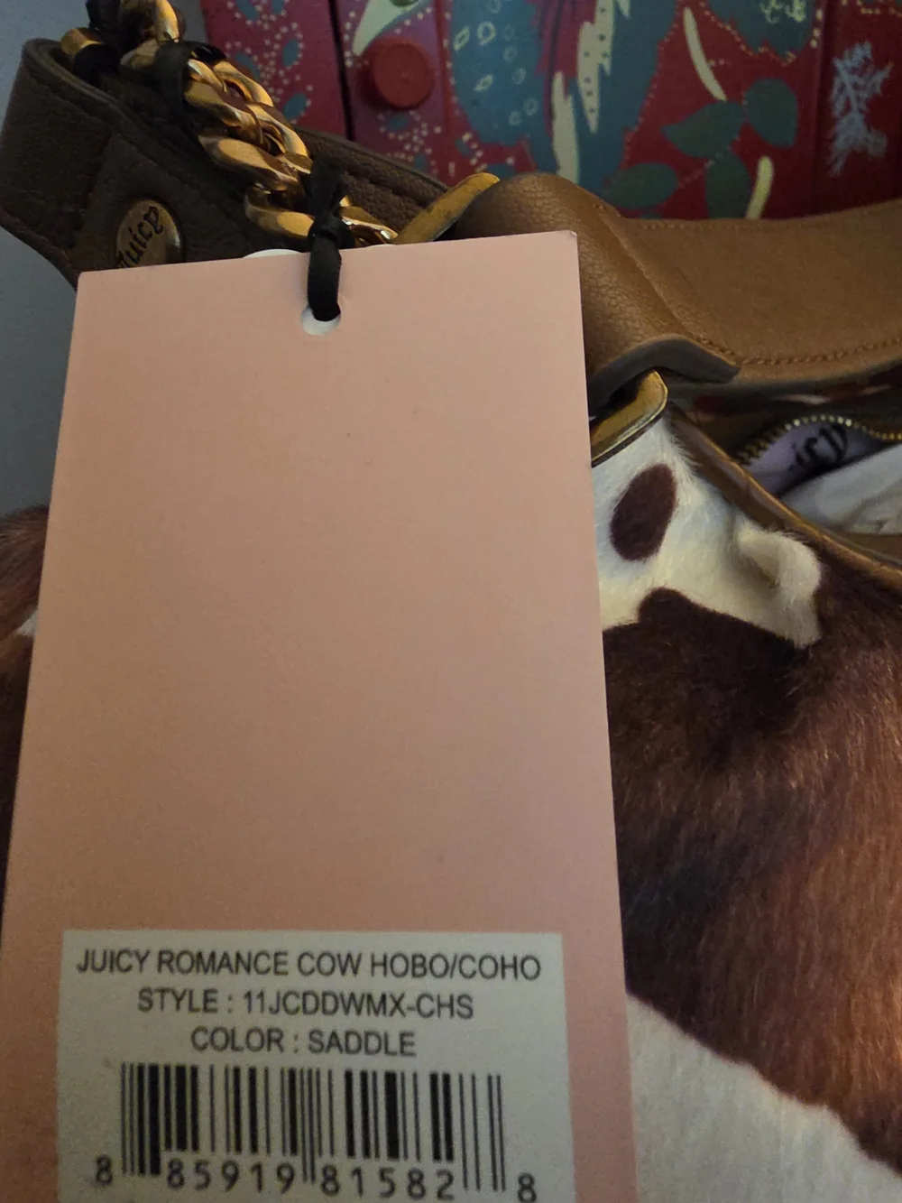 Juicy Couture Saddle Brown & White Cowhide Hobo with Chain Accent